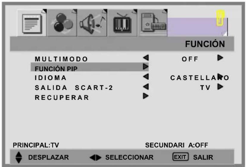 FUNCIÓN MULTIMODO OFF FUNCIÓN PIP IDIOMA CASTELLANO SALIDA SCART-2 TV RECUPERAR PRINCIPAL:TV SECUNDARI A:OFF DESPLAZAR SELECCIONAR EXIT SALIR