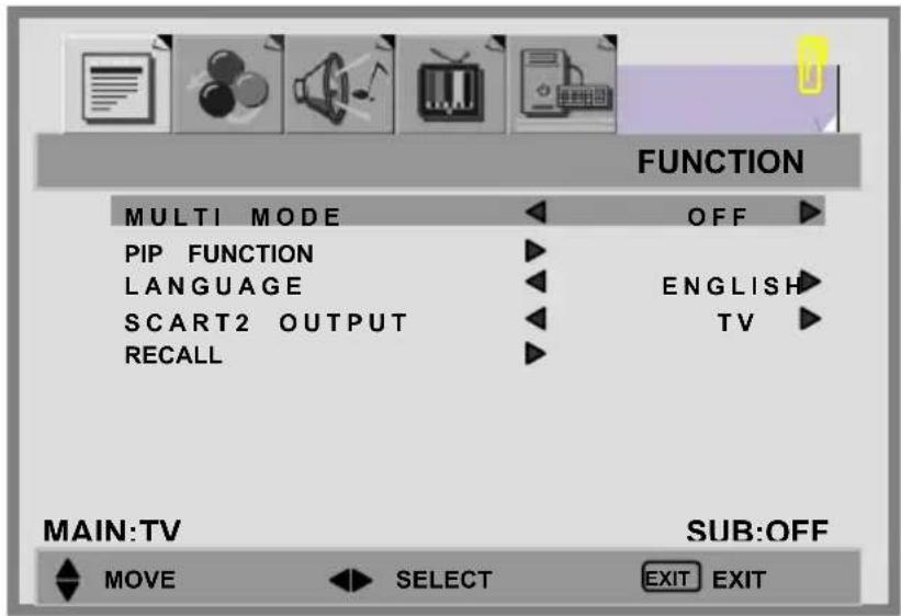 FUNCTION MULTI MODE OFF PIP FUNCTION LANGUAGE ENGLISH SCART2 OUTPUT TV RECALL MAIN:TV SUB:OFF MOVE SELECT EXIT EXIT
