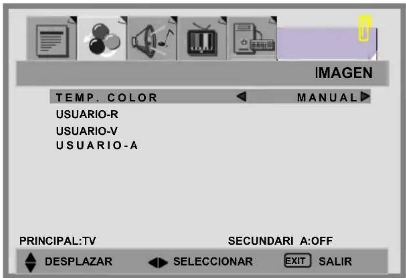 IMAGEN TEMP. COLOR MANUAL USUARIO-R USUARIO-V USUARIO-A PRINCIPAL:TV SECUNDARI A:OFF DESPLAZAR SELECCIONAR EXIT SALIR