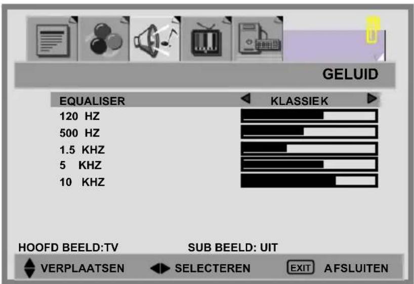 GELUID EQUALISER KLASSIEK 120 HZ 500 HZ 1.5 KHZ 5 KHZ 10 KHZ HOOFD BEELD:TV SUB BEELD: UIT VERPLAATSEN SELECTEREN EXIT AFSLUITEN