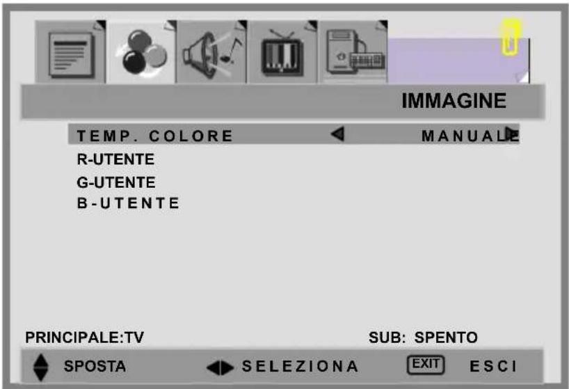 IMMAGINE TEMP. COLORE MANUALE R-UTENTE G-UTENTE B-UTENTE PRINCIPALE:TV SUB: SPENTO SPOSTA SELEZIONA EXIT ESCI
