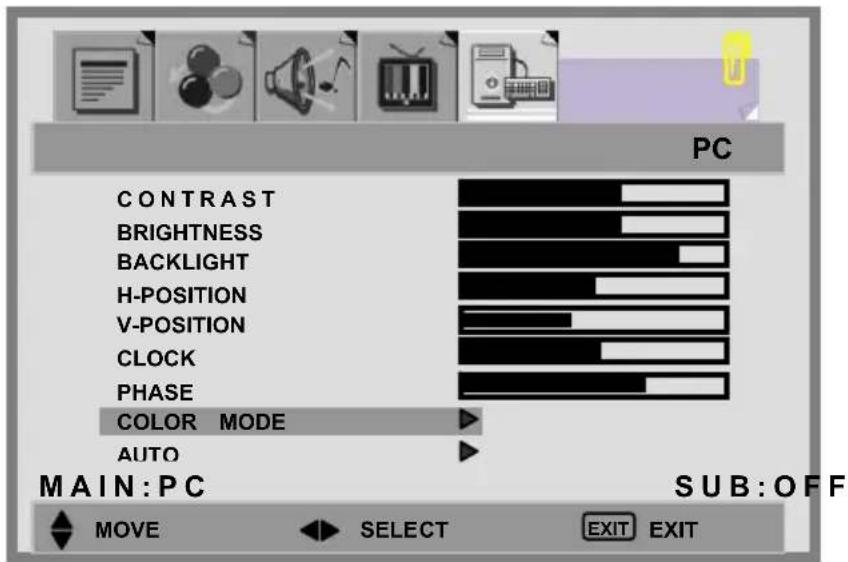 PC CONTRAST BRIGHTNESS BACKLIGHT H-POSITION V-POSITION CLOCK PHASE COLOR MODE AUTO MAIN: PC SUB: OFF MOVE SELECT EXIT EXIT