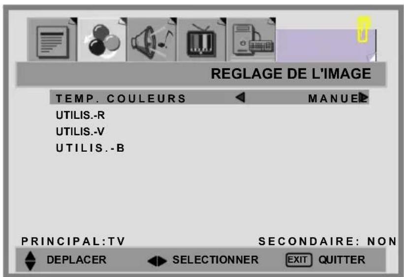 REGLAGE DE L'IMAGE TEMP. COULEURS MANUEL UTILIS.-R UTILIS.-V UTILIS.-B PRINCIPAL:TV SECONDAIRE: NON DEPLACER SELECTIONNER EXIT QUITTER