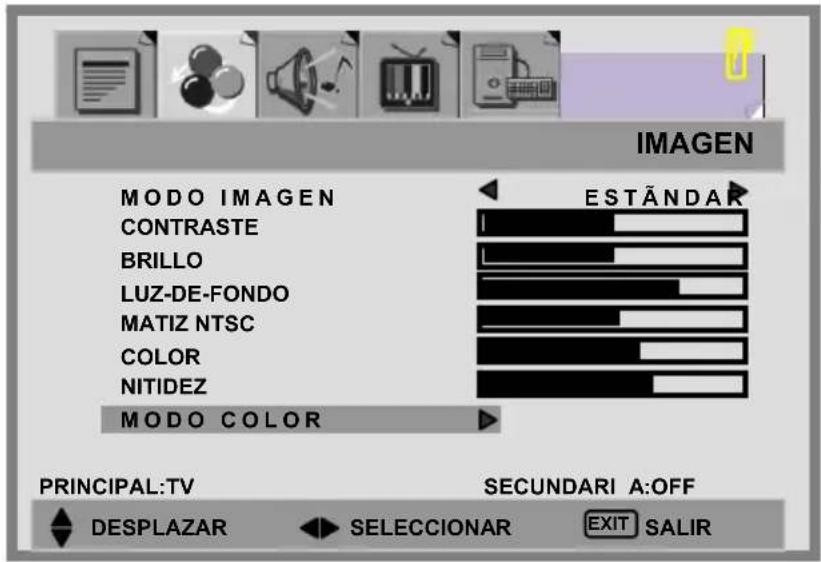 IMAGEN MODO IMAGEN CONTRASTE BRILLO LUZ-DE-FONDO MATIZ NTSC COLOR NITIDEZ MODO COLOR ESTÁNDAR PRINCIPAL:TV SECUNDARI A:OFF DESPLAZAR SELECCIONAR EXIT SALIR