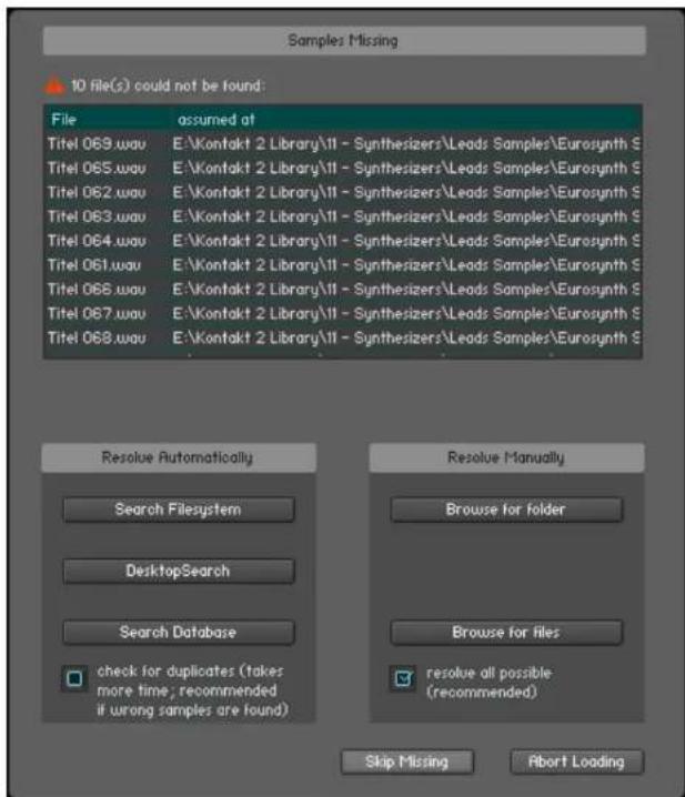 NATIVE INSTRUMENTS Kontakt 4 - Boite de dialogue Samples Missing - 1