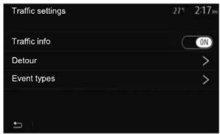 Traffic settings 27* 2:17pm Traffic info ON Detour Event types