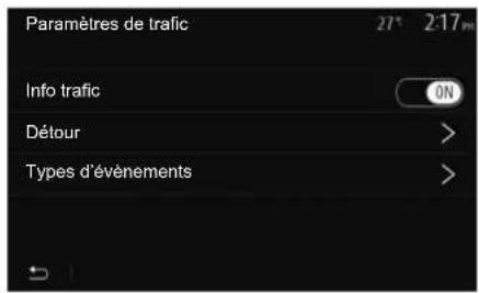 Paramètres de trafic 27* 2:17m Info trafic ON Détour > Types d'événements >