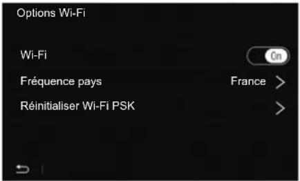 Options Wi-Fi Wi-Fi On Fréquence pays France > Réinitialiser Wi-Fi PSK >