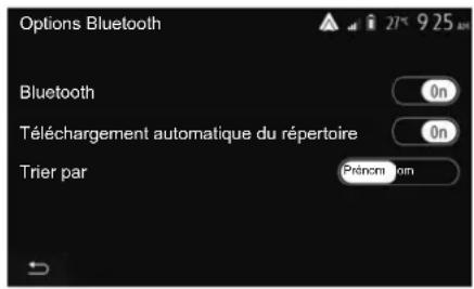 Options Bluetooth Bluetooth Téléchargement automatique du répertoire On On Prénom : 01m Trier par