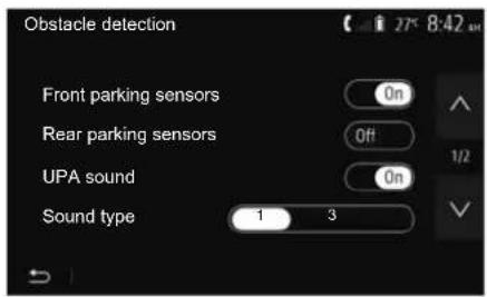Obstacle detection Front parking sensors Rear parking sensors UPA sound Sound type 1 3 27° 8:42 AM