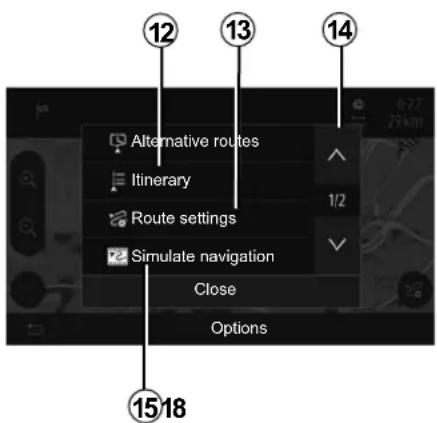 Alternative routes Itinerary Route settings Simulate navigation Close Options 12 13 14 15/18