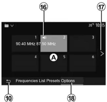 16 90.40 MHz 87.50 MHz A Frequencies List Presets Options 10 17 20* 10:15 3 4 5 6 18