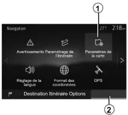 Navigation Avertissements Paramétrage de l'itinéraire Paramètres de la carte Réglage de la langue Format des coordonnées GPS Destination Itinéraire Options