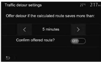 Traffic detour settings 27 2:17m Offer detour if the calculated route saves more than: < 5 minutes > Confirm offered route? OFF