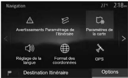 Navigation 27° 2:18 PM Avertissements Paramétrage de l'itinéraire Paramètres de la carte Réglage de la langue Format des coordonnées GPS Destination Itinéraire Options