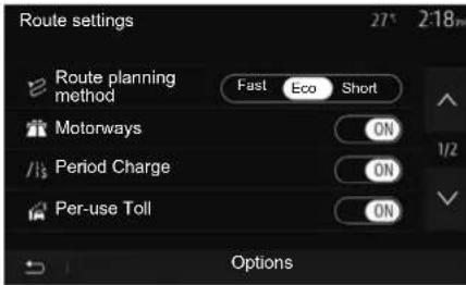 Route settings 27° 2:18PM Route planning method Fast Eco Short Motorways ON Period Charge ON Per-use Toll ON Options
