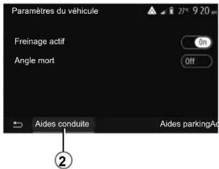 Paramètres du véhicule Freinage actif Angle mort Aides conduite Aides parkingAd
