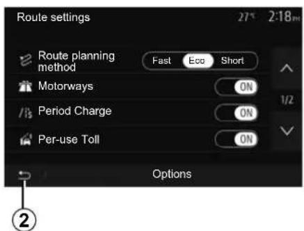 Route settings 27° 2:18m Route planning method Fast Eco Short Motorways ON Period Charge ON Per-use Toll ON Options
