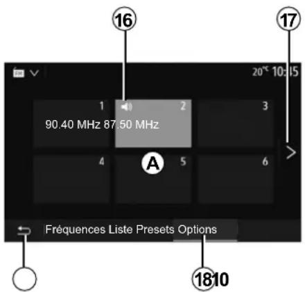 16 90.40 MHz 87.50 MHz A Fréquences Liste Presets Options 17 20* 10:15 1810