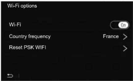 Wi-Fi options Wi-Fi Country frequency Reset PSK WIFI On France >
