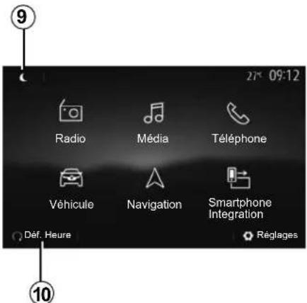 9 Radio Média Téléphone Véhicule Navigation Smartphone Integration Déf. Heure Réglages 10