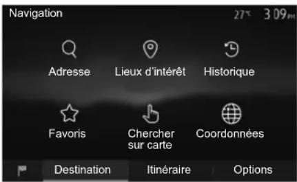 Navigation 27° 3.09PM Adresse Lieux d'intérêt Historique Favoris Chercher sur carte Coordonnées Destination Itinéraire Options