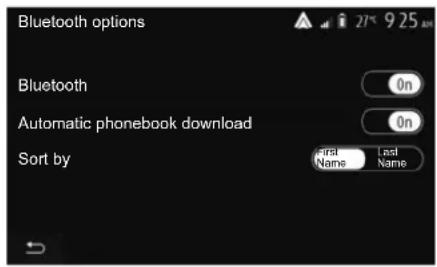 Bluetooth options Bluetooth Automatic phonebook download Sort by On On First Name Last Name