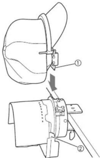 BABY LOCK Array - Dépliez la bande anti-transpiration de la casquette, puis placez-la entre l'ergot et la piece de fixation de chaque cote du cadre supérieur. - 1