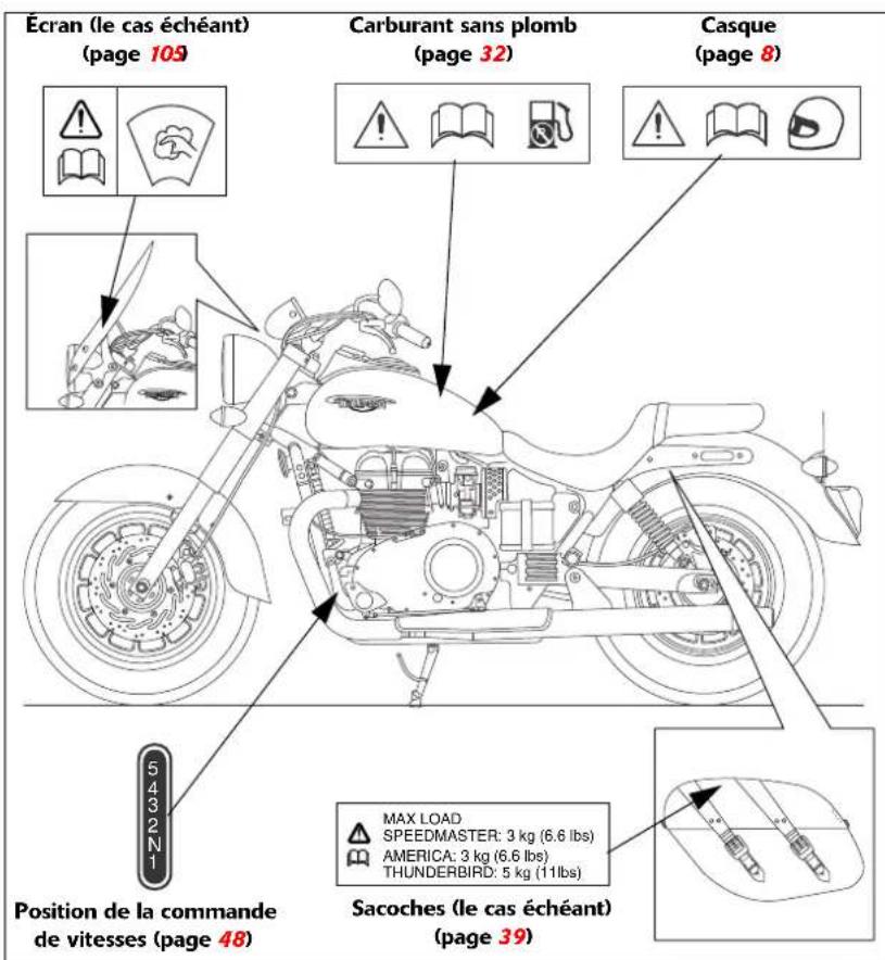 TRIUMPH Speedmaster (2014) - Emplacements des étiquettes d'avertissement – America, America LT et Speedmaster - 2
