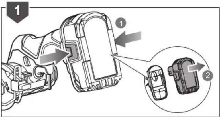 Technical diagram showing mechanical assembly with numbered components and directional arrows indicating assembly steps