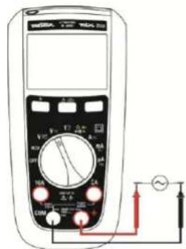 METRIX MTX 203 - Das Messgerät misst Wechsel- oder Gleichspannung. Zur Risikominimierung bei der Messung einer unbekannten Spannung sollten Sie sowohl die Wechsel- als auch die Gleichspannung messen. - 1