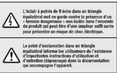 L'éclair à pointe de flèche dans un triangle équilatéral met en garde contre la présence d'un « tension dangereuse » non isolée dans l'enceinte du produit qui peut être d'une ampleur suffi sante pour présenter un risque de choc électrique. Le point d'exclamation dans un triangle équilatéral informe les utilisateurs de l'existence d'importantes instructions d'utilisation et d'entretien (dépannage) dans la documentation qui accompagne l'appareil.