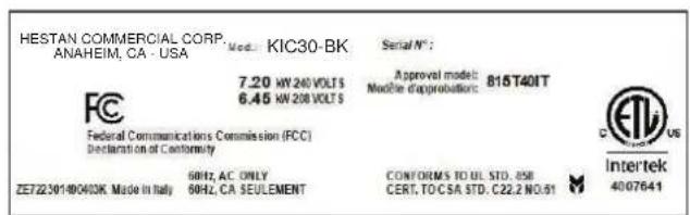 Hestan KIC30BK - RATING LABEL - 1