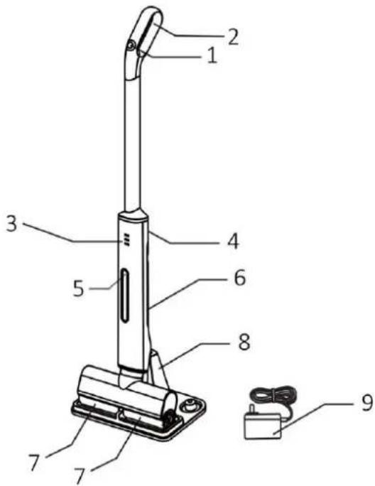 Labeled diagram of a vacuum cleaner with numbered parts and a cable, showing component layout and wiring.