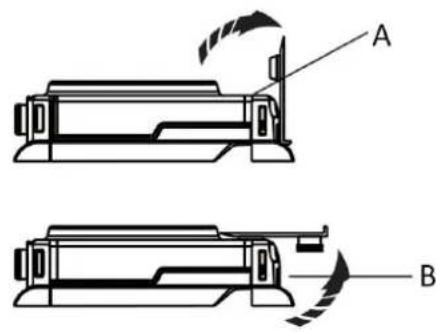 Technical diagram showing two mechanical assembly views labeled A and B, with arrows indicating motion or movement.