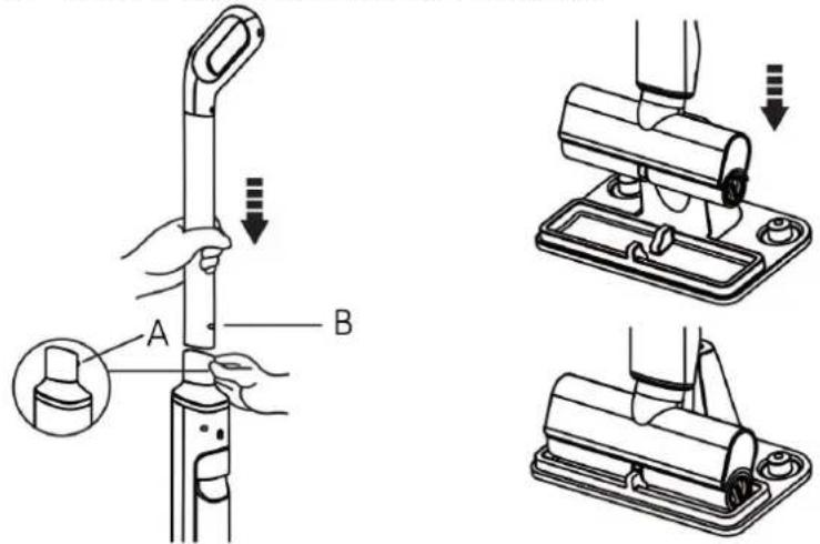 Technical diagram showing mechanical assembly steps with labeled parts A and B, including hand positioning and disassembly operations.