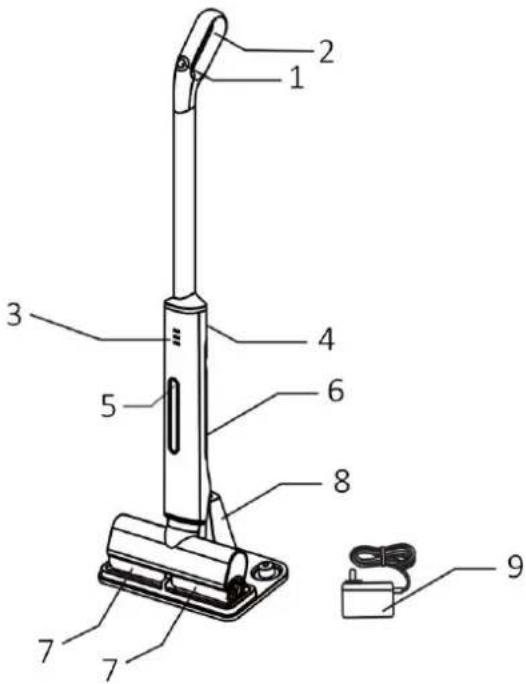 Labeled diagram of a vacuum cleaner with numbered parts and a cable, showing internal components and part numbers.