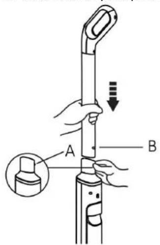 Diagram showing a hand holding a vertical tool with labeled parts A and B, including an inset view of a mechanical component.