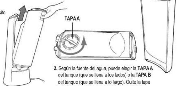 TAPAA 2. Según la fuente del agua, puede elegir la TAPAA del tanque (que se llena a los lados) o la TAPA B del tanque (que se llena a lo largo). Quite la tapa
