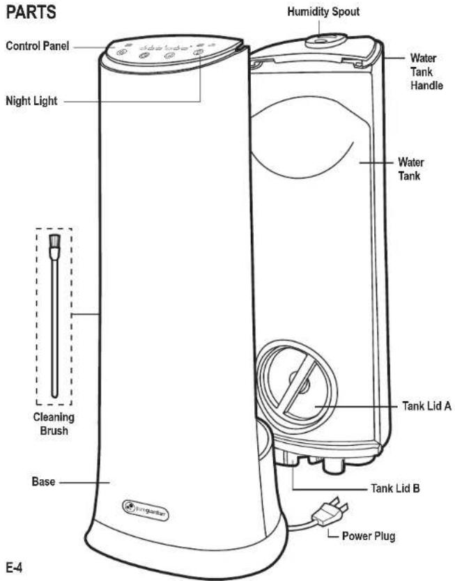 PARTS Control Panel Night Light Cleaning Brush Base E-4 Humidity Spout Water Tank Handle Water Tank Tank Lid A Tank Lid B Power Plug