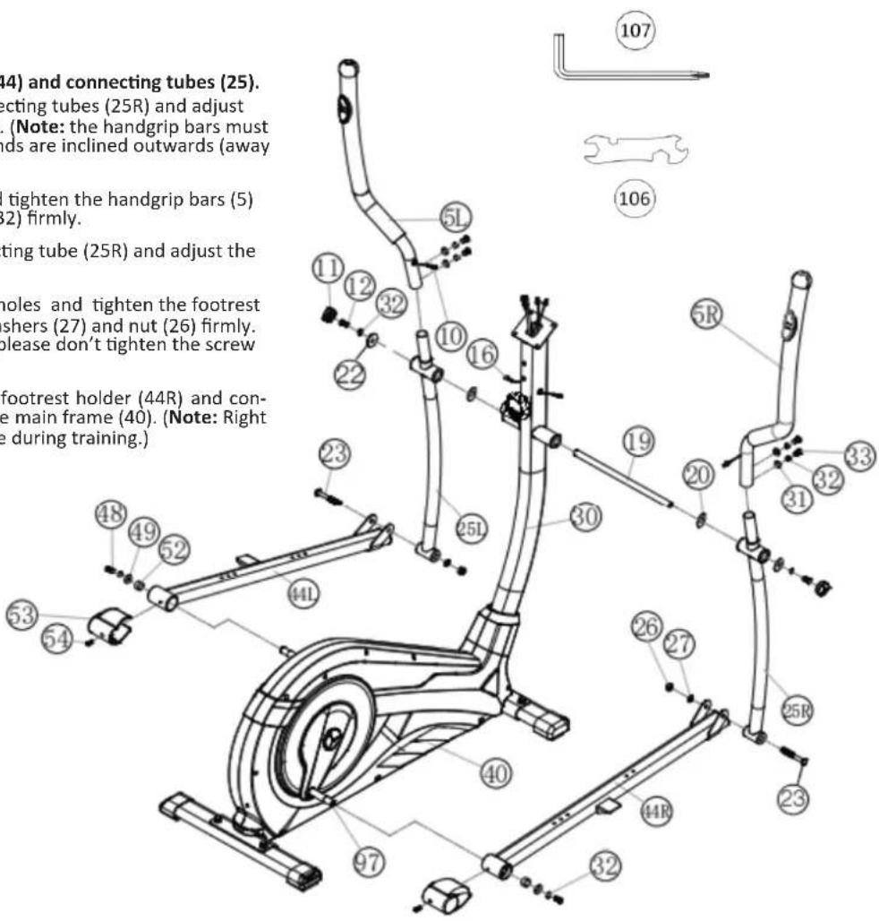 Christopeit AX 6000 - STEP 4: Installation of handgrips (5), footrest holder (44) and connecting tubes (25). - 1