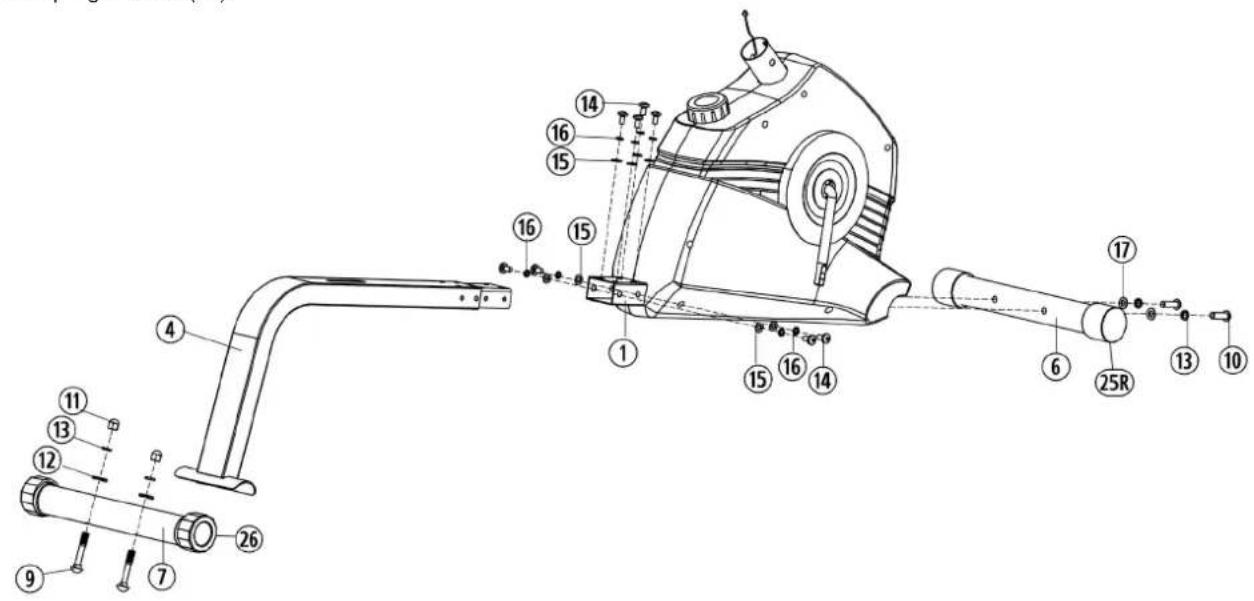 Christopeit RS 100 - Step 1: Attach the stabilizer (6+7) and seat frame (4) at main frame (1). - 1