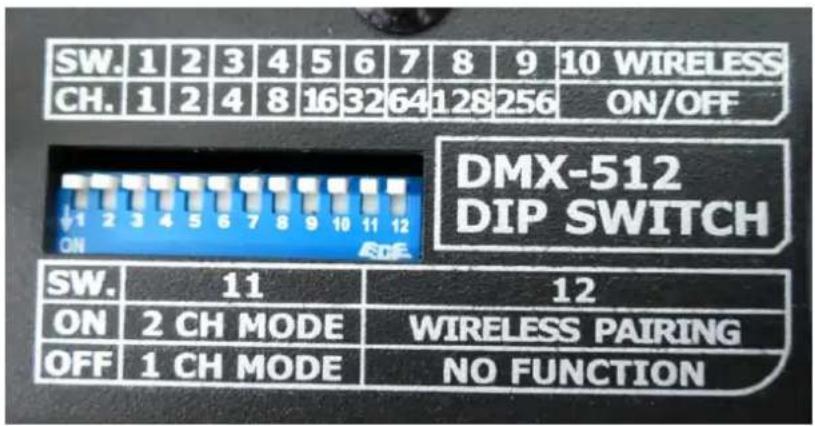 SW. 1 2 3 4 5 6 7 8 9 10 WIRELESS CH. 1 2 4 8 16 32 64 128 256 ON/OFF DMX-512 DIP SWITCH ON SW. 11 12 ON 2 CH MODE WIRELESS PAIRING OFF 1 CH MODE NO FUNCTION