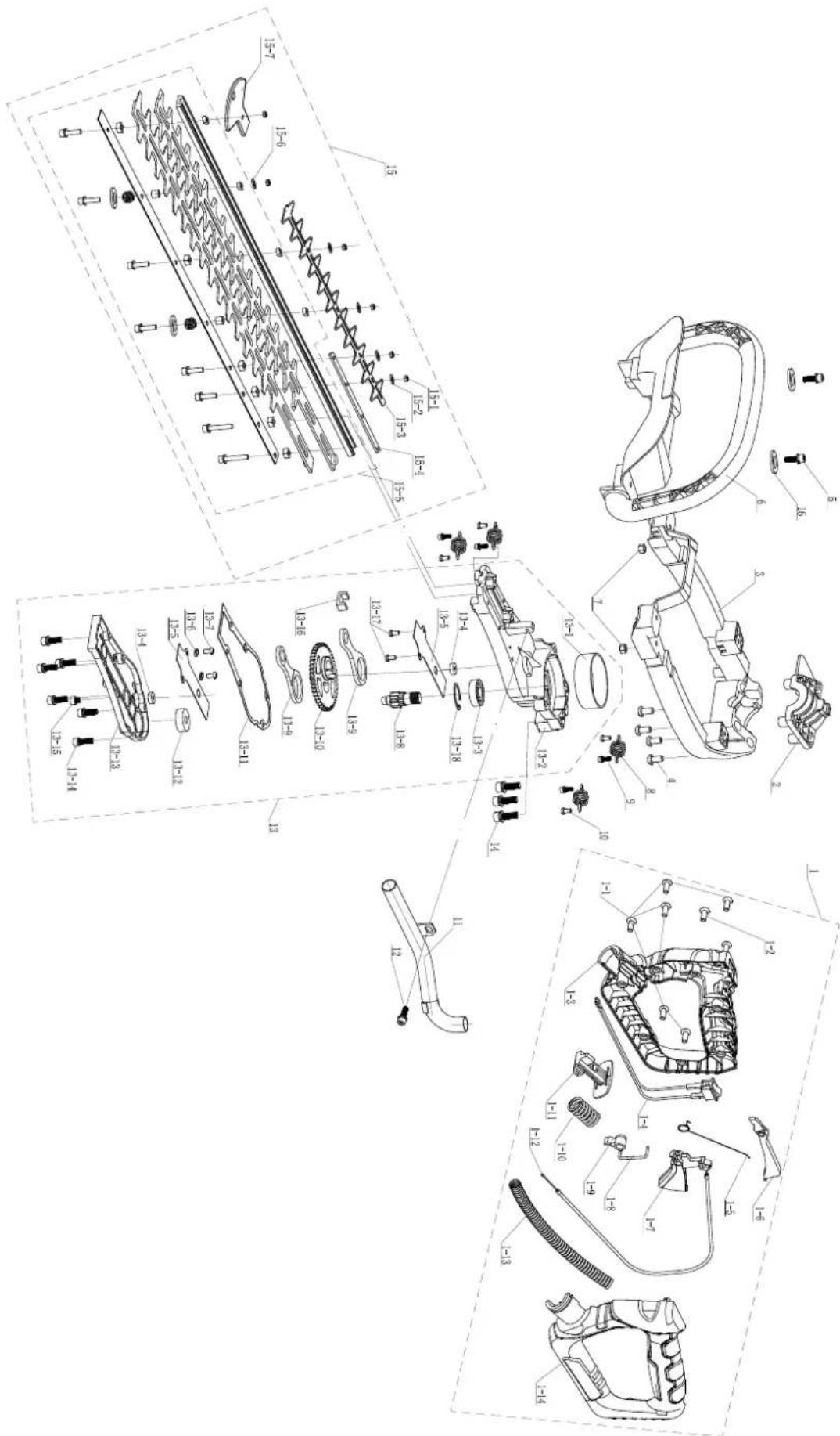 Technical diagram of a mechanical assembly with labeled parts and exploded views