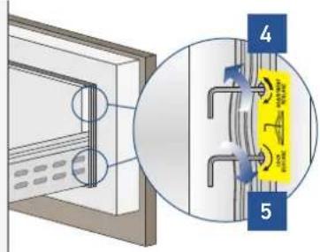 Diagram showing a mounted device with labeled parts and a magnified view of a yellow component with blue arrows indicating flow or movement.