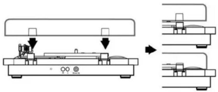 Diagram showing a device with labeled components and directional arrows indicating assembly or transformation steps.