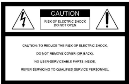 CAUTION RISK OF ELECTRIC SHOCK DO NOT OPEN CAUTION: TO REDUCE THE RISK OF ELECTRIC SHOCK, DO NOT REMOVE COVER (OR BACK), NO USER-SERVICEABLE PARTS INSIDE. REFER SERVICING TO QUALIFIED SERVICE PERSONNEL.