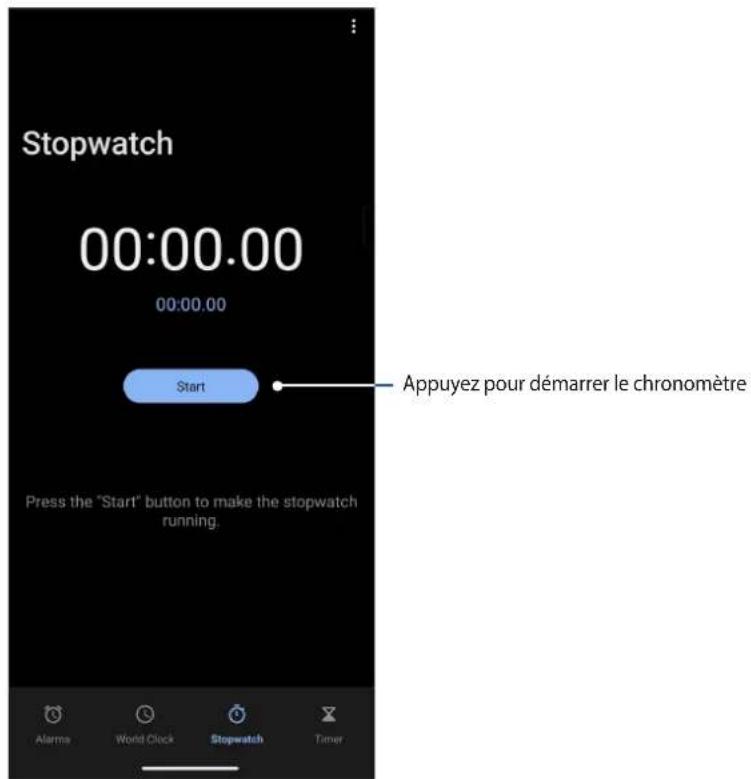 Stopwatch 00:00.00 00:00.00 Start Appuyez pour démarrer le chronomètre Press the "Start" button to make the stopwatch running. Alarme World Clock Stopwatch Timer