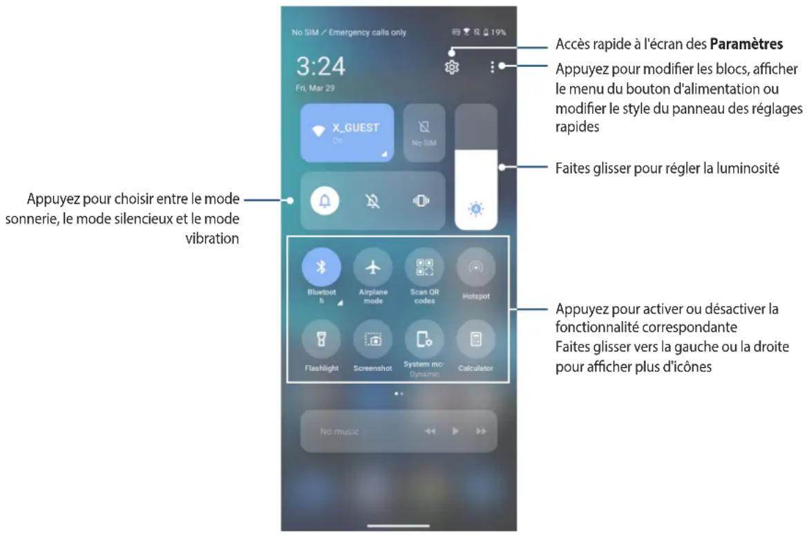 No SIM / Emergency calls only 3:24 Fri, Mar 29 Accès rapide à l'écran des Paramètres Appuyez pour modifier les blocs, afficher le menu du bouton d'alimentation ou modifier le style du panneau des réglages rapides Faites glisser pour régler la luminosité Appuyez pour choisir entre le mode sonnerie, le mode silencieux et le mode vibration Bluetooth Airplane mode Scan QR codes Hotspot Flashlight Screenshot System mo Dynamic Calculator No music Appuyez pour activer ou désactiver la fonctionnalité correspondante Faites glisser vers la gauche ou la droite pour afficher plus d'icônes