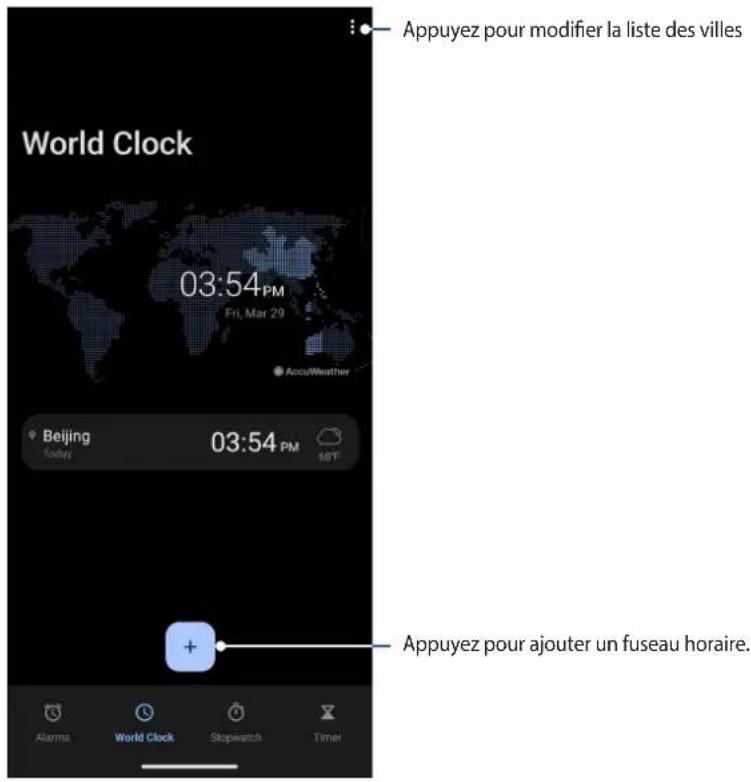 World Clock 03:54PM Fri, Mar 29 Accu/Weather Beijing Today 03:54 PM 60°F + Appuyez pour modifier la liste des villes Appuyez pour ajouter un fuseau horaire. Alarma World Clock Stopwatch Timer